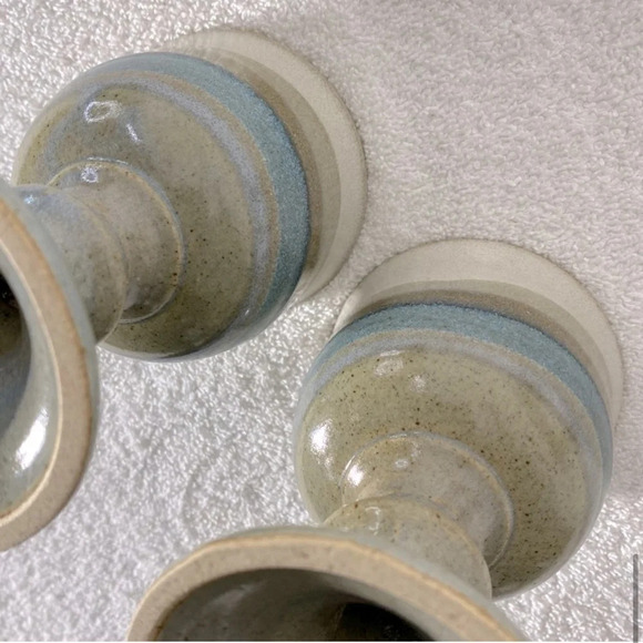 Vintage Stemmed  Goblet Handcrafted Stoneware Beige Blue Tan Band x2 - Picture 11 of 12